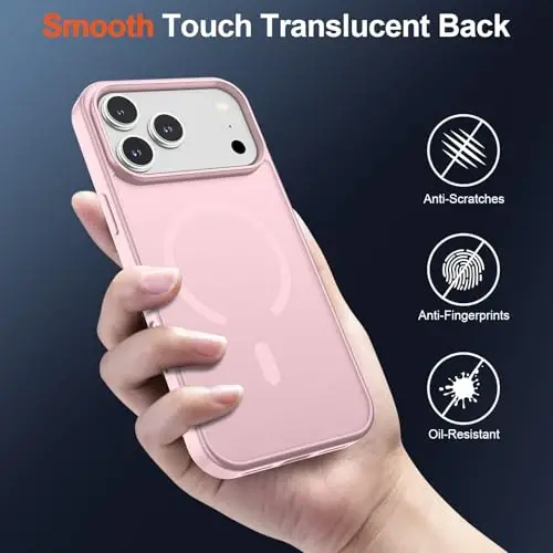 iPhone 17 Pro Max için SUPFINE Manyetik Kılıf, Ekran Koruyuculu (MagSafe ile Uyumlu) (Askeri Sınıf Düşme Koruması) Yarı Saydam Mat Darbeye Dayanıklı, Parmak İzi Önleyici Telefon Kılıfı, Açık Pembe - 6