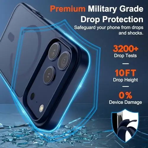 iPhone 17 Pro Max için SUPFINE Manyetik Kılıf, Ekran Koruyuculu (MagSafe Uyumlu) (Askeri Sınıf Düşme Koruması), Yarı Saydam Mat Darbeye Dayanıklı, Parmak İzi Önleyici Telefon Kapağı, Koyu Mavi - 2