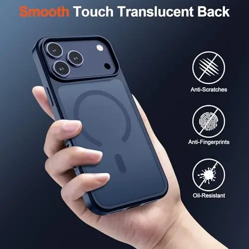 iPhone 17 Pro Max için SUPFINE Manyetik Kılıf, Ekran Koruyuculu (MagSafe Uyumlu) (Askeri Sınıf Düşme Koruması), Yarı Saydam Mat Darbeye Dayanıklı, Parmak İzi Önleyici Telefon Kapağı, Koyu Mavi - 5