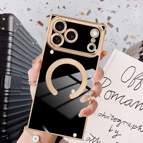 KANGHAR Case Designed for iPhone 17 Pro Max Magnetic [Compatible with MagSafe] Luxury Cute Plating Design Case Full-Body Anti-Scratch Shockproof Bumper Protective Cover Black - 6