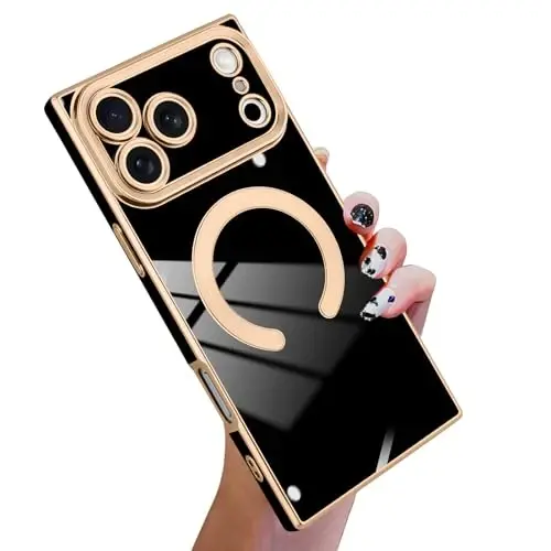 KANGHAR Case Designed for iPhone 17 Pro Max Magnetic [Compatible with MagSafe] Luxury Cute Plating Design Case Full-Body Anti-Scratch Shockproof Bumper Protective Cover Black - KANGHAR