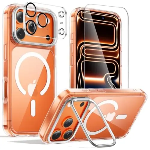 iPhone 17 Pro Max için Tigowos 3'ü 1 Arada Kılıf, Çerçeve Standlı [1 Ekran Koruyucu & 1 Kamera Lensi Koruyucu][Sararmaz][Askeri Sınıf Düşme Koruması][MagSafe Uyumlu][Darbeye Dayanıklı & Manyetik] Şeffaf 