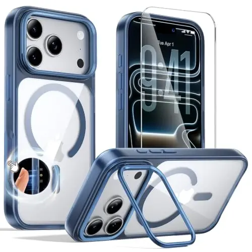 Tigowos for iPhone 17 Pro Max Case with Lens Stand，Screen Protector，Blue | Camera Control Cover ,Fit for MagSafe,Drop Protection,Shockproof, Translucent Back Phone Case for 17 Pro Max 
