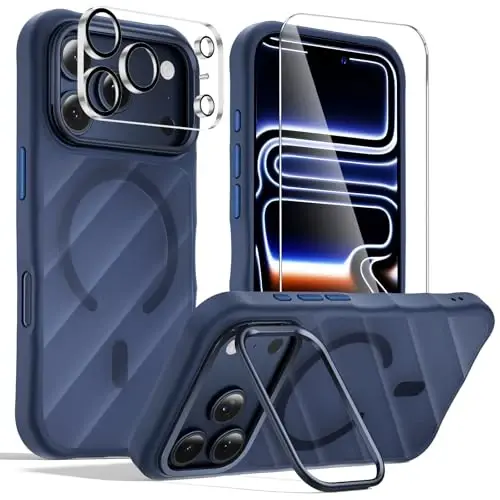 iPhone 17 Pro Max Kılıf için Kamera Standlı 3'ü 1 Arada Set [1 Ekran Koruyucu ve 1 Kamera Lens Koruyucu][MagSafe Uyumludur][Darbeye Dayanıklı ve Manyetik][Yarı Saydam Mat] 17 Pro Max için Moda Telefon Kılıfı (Mavi) 