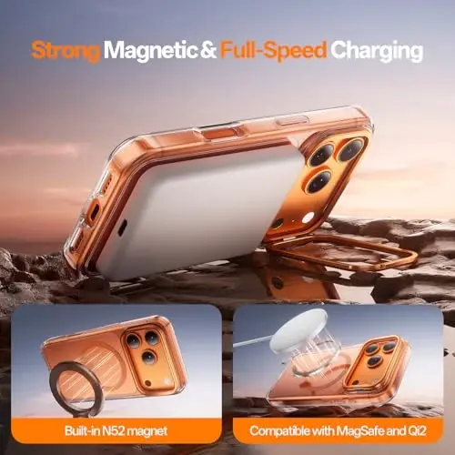 iPhone 17 Pro Max Kılıfı için 3'ü 1 Arada Çerçeve Standlı [1 Ekran Koruyucu & 1 Kamera Lensi Koruyucu][Sararmaz][Askeri Sınıf Düşme Koruması][MagSafe Uyumlu][Darbeye Dayanıklı & Manyetik] (Şeffaf-Turuncu) - 5