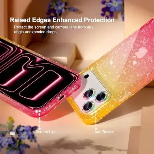 Choiche Compatible for iPhone 17 Pro Max Case, Women Cute Clear Glitter Bling Sparkly Case, [3 x Diamond Camera Lens Protectors] [2 x Tempered Glass Screen Protectors] 6.9-inch (Glitter Gold/Pink) - 4