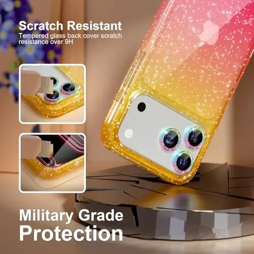 Choiche Compatible for iPhone 17 Pro Max Case, Women Cute Clear Glitter Bling Sparkly Case, [3 x Diamond Camera Lens Protectors] [2 x Tempered Glass Screen Protectors] 6.9-inch (Glitter Gold/Pink) - 5