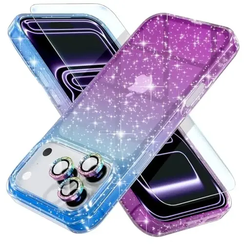 Choiche Compatible for iPhone 17 Pro Max Case, Women Cute Clear Glitter Bling Sparkly Case, [3 x Diamond Camera Lens Protectors] [2 x Tempered Glass Screen Protectors] 6.9-inch (Glitter Blue/Purple) 