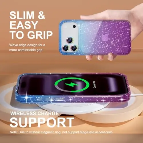 Choiche Compatible for iPhone 17 Pro Max Case, Women Cute Clear Glitter Bling Sparkly Case, [3 x Diamond Camera Lens Protectors] [2 x Tempered Glass Screen Protectors] 6.9-inch (Glitter Blue/Purple) - 6
