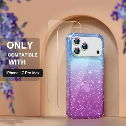Choiche Compatible for iPhone 17 Pro Max Case, Women Cute Clear Glitter Bling Sparkly Case, [3 x Diamond Camera Lens Protectors] [2 x Tempered Glass Screen Protectors] 6.9-inch (Glitter Blue/Purple) - 2