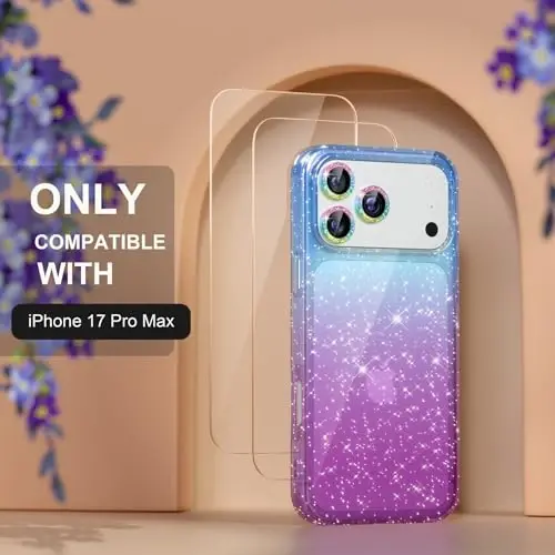 Choiche Compatible for iPhone 17 Pro Max Case, Women Cute Clear Glitter Bling Sparkly Case, [3 x Diamond Camera Lens Protectors] [2 x Tempered Glass Screen Protectors] 6.9-inch (Glitter Blue/Purple) - 8