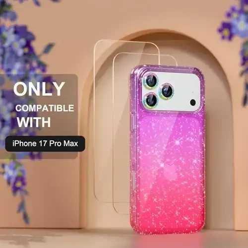 Choiche Compatible for iPhone 17 Pro Max Case, Women Cute Clear Glitter Bling Sparkly Case, [3 x Diamond Camera Lens Protectors] [2 x Tempered Glass Screen Protectors] 6.9-inch (Glitter Purple/Pink) - 2