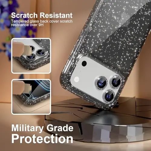 Choiche Compatible for iPhone 17 Pro Max Case, Women Cute Clear Glitter Bling Sparkly Case, [3 x Diamond Camera Lens Protectors] [2 x Tempered Glass Screen Protectors] 6.9-inch (Glitter Black) - 5