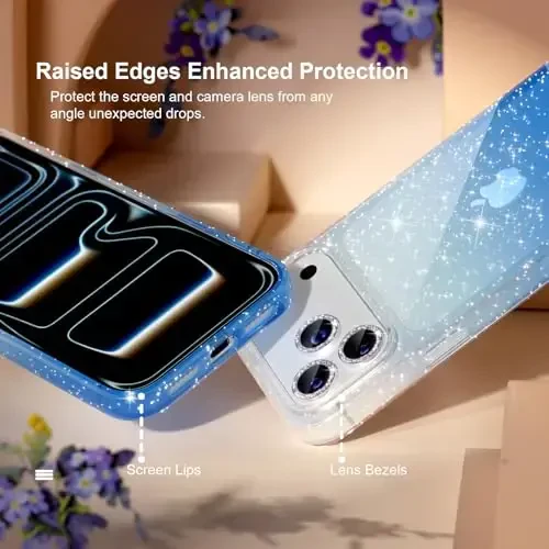 Choiche Compatible for iPhone 17 Pro Max Case, Women Cute Clear Glitter Bling Sparkly Case, [3 x Diamond Camera Lens Protectors] [2 x Tempered Glass Screen Protectors] 6.9-inch (Glitter Clear/Blue) - 4