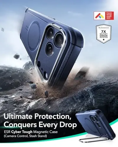 ESR for iPhone 17 Pro Max Phone Case with Stash Stand, 7X Military-Grade Drop Protection with Camera Control, Shock-Absorbing Rugged Cover, Compatible with MagSafe Accessories, Cyber Series, Blue - ESR
