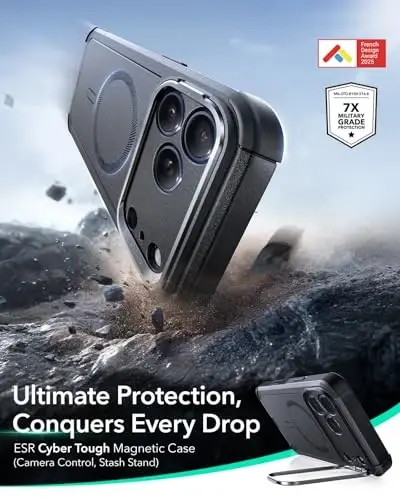 ESR for iPhone 17 Pro Max Phone Case with Stash Stand, 7X Military-Grade Drop Protection with Camera Control, Shock-Absorbing Rugged Cover, Compatible with MagSafe Accessories, Cyber Series, Black 