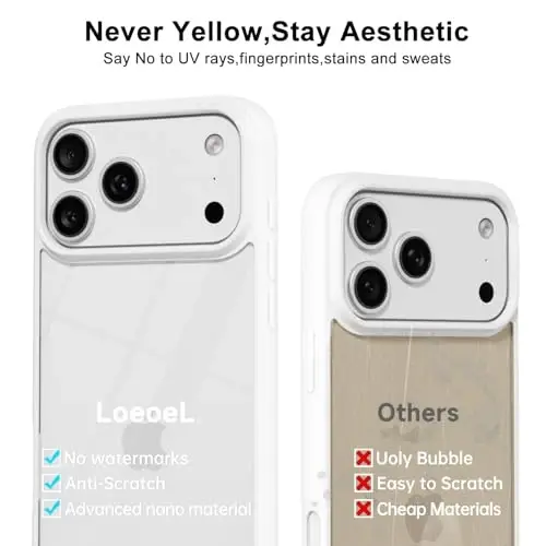 LoeoeL for iPhone 17 Pro Max Case Clear, Transparent Hybrid iPhone 17 Pro Max Phone Case [Hard Plastic & Soft Silicone Bumper] Acrylic Non Yellowing Thin Slim Protective Cover for Women, White - 4