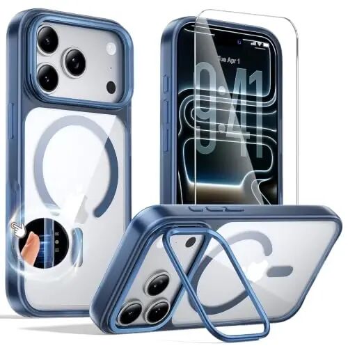 iPhone 17 Pro Max uchun 3-in-1 gʻilof, kamera stendi, ekran himoyachisi va kamera nazorati qopqogʻi bilan. MagSafe, zarbaga va tushishga chidamli, shaffof orqa panelli (Moviy) - TIGOWOS
