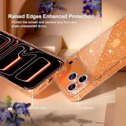 iPhone 17 Pro Max uchun Choiche mos keladigan g‘ilof, ayollar uchun chiroyli tiniq yaltiroq jilosi bor g‘ilof, [3 x Olmosli kamera linzalari himoyachilari] [2 x закалённое shisha ekran himoyachilari] 6,9 dyuym (Yaltiroq Tiniq) - 4