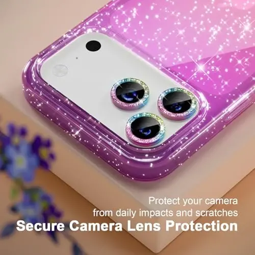 iPhone 17 Pro Max uchun Choiche mos keladigan g'ilof, ayollar uchun chiroyli tiniq yaltiroq yorqin g'ilof, [3 x olmosli kamera linzalari himoyachilari] [2 x temperlangan shisha ekran himoyachilari] 6,9 dyuym (yaltiroq binafsha/pushti) - 3