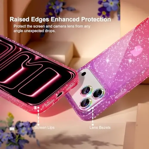 iPhone 17 Pro Max uchun Choiche mos keladigan g'ilof, ayollar uchun chiroyli tiniq yaltiroq yorqin g'ilof, [3 x olmosli kamera linzalari himoyachilari] [2 x temperlangan shisha ekran himoyachilari] 6,9 dyuym (yaltiroq binafsha/pushti) - 4