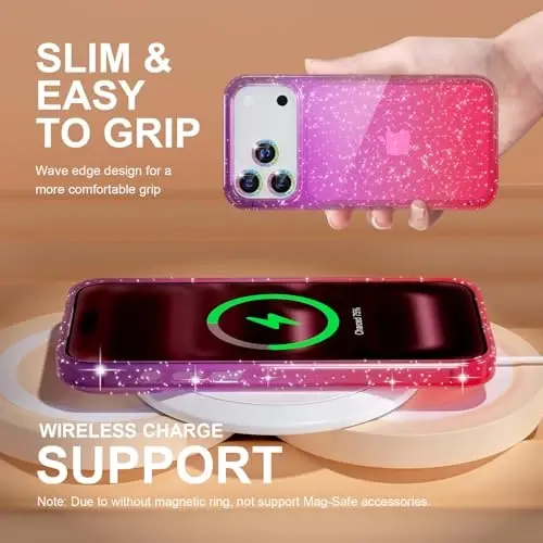 iPhone 17 Pro Max uchun Choiche mos keladigan g'ilof, ayollar uchun chiroyli tiniq yaltiroq yorqin g'ilof, [3 x olmosli kamera linzalari himoyachilari] [2 x temperlangan shisha ekran himoyachilari] 6,9 dyuym (yaltiroq binafsha/pushti) - 6