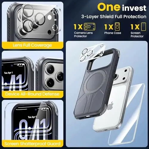iPhone 17 Pro Max uchun ekran himoyasi va kamera linzalari himoyasi bilan 3-in-1 Og'ir vazifali g'ilof, 7X Harbiy darajadagi tushishdan himoya, MagSafe ga mos keladi, iPhone 17 Pro Max uchun mustahkam va ingichka zarbaga chidamli g'ilof, Qora - 4