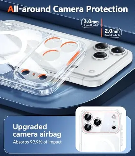 iPhone 17 Pro-Max uchun FNTCASE g'ilofi: Magsafe bilan mos keladigan tiniq magnitli telefon g'iloflari, yupqa, sarg'aymaydigan, harbiy darajadagi tushishdan himoya, mustahkam himoyalovchi shaffof g'ilof (B-Glitter Magnetic) - 4