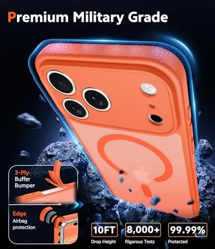 iPhone 17 Pro-Max uchun FNTCASE g'ilofi: Magsafe bilan mos keluvchi mat magnitli telefon g'iloflari, ekran himoyachisi bilan, ingichka, sarg'aymaydigan, mustahkam, zarbga chidamli, yarim shaffof (C-Orange) - 6