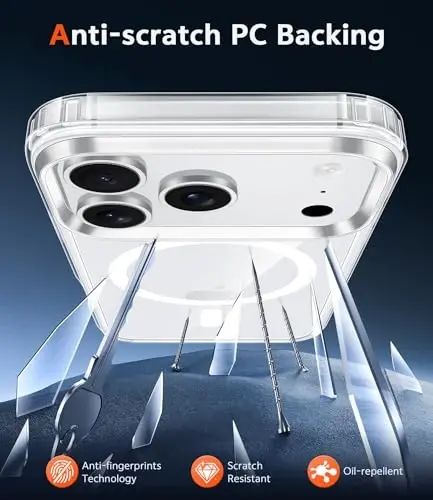 iPhone 17 Pro-Max uchun FNTCASE g'ilofi: Magsafe bilan mos keluvchi, shaffof magnitli g'ilof, tushib ketishga chidamli, sarg'aymaydigan, yupqa, zarbga chidamli, mustahkam himoya va ekran himoyasi bilan (Shaffof) - 5