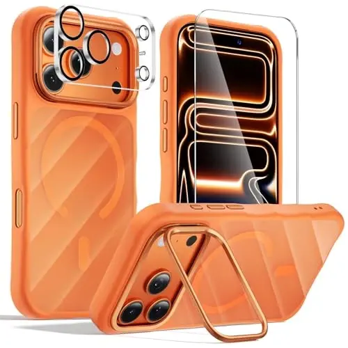 iPhone 17 Pro Max uchun kamera stendli 3-in-1 g‘ilof [1 ta ekran himoyachisi va 1 ta kamera linza himoyachisi] [MagSafe bilan mos][Zarbalarga chidamli va magnitli][Yarim shaffof mat] 17 Pro Max uchun zamonaviy telefon g‘ilofi (To‘q sariq) 