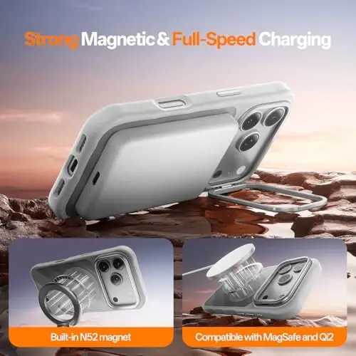iPhone 17 Pro Max uchun kamera stendli 3-in-1 g‘ilof [1 ta ekran himoyachisi va 1 ta kamera linza himoyachisi][MagSafe bilan mos][Zarbalarga chidamli va magnitli][Yarim shaffof mat] 17 Pro Max uchun zamonaviy telefon g‘ilofi (Kumush rang) - 5