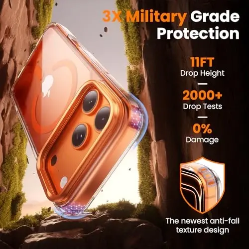 iPhone 17 Pro Max uchun ramkali stendli 3-in-1 g'ilof [1 ta ekran himoyachisi & 1 ta kamera linza himoyachisi] [Sarg'aymaydi] [Harbiy darajadagi tushishdan himoya] [MagSafe bilan mos keladi] [Zarbalarga chidamli & Magnitli] (Shaffof-To'q sariq) - 4