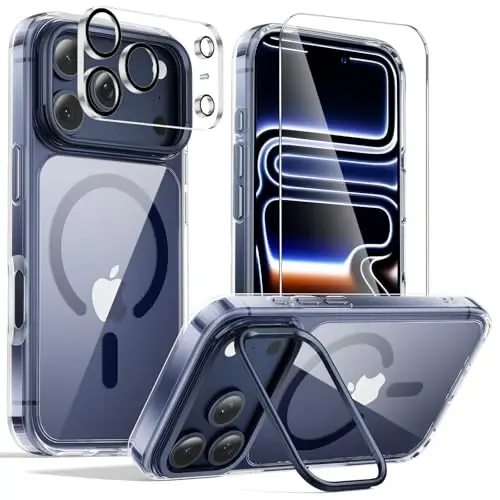 iPhone 17 Pro Max uchun ramkali stendli 3 tasi 1 da g‘ilof [1 ta ekran himoyachisi va 1 ta kamera linzasi himoyachisi][Sarg‘aymaydi][Harbiy darajadagi himoya][MagSafe bilan mos][Zarbalarga chidamli va magnitli] (Shaffof-Ko‘k) - 1