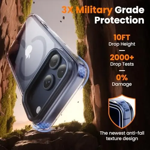 iPhone 17 Pro Max uchun ramkali stendli 3 tasi 1 da g‘ilof [1 ta ekran himoyachisi va 1 ta kamera linzasi himoyachisi][Sarg‘aymaydi][Harbiy darajadagi himoya][MagSafe bilan mos][Zarbalarga chidamli va magnitli] (Shaffof-Ko‘k) - 5