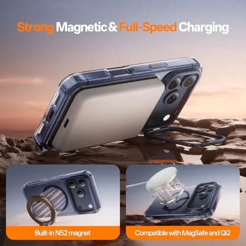 iPhone 17 Pro Max uchun ramkali stendli 3 tasi 1 da g‘ilof [1 ta ekran himoyachisi va 1 ta kamera linzasi himoyachisi][Sarg‘aymaydi][Harbiy darajadagi himoya][MagSafe bilan mos][Zarbalarga chidamli va magnitli] (Shaffof-Ko‘k) - 6