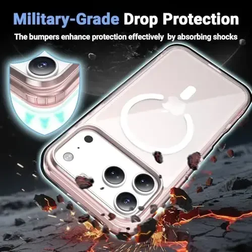 iPhone 17 Pro Max uchun Temdan g'ilofi, ekran himoyachisi bilan shaffof, Magsafe bilan mos, sarg'ayishga qarshi, harbiy darajadagi himoya, zarbga chidamli ingichka magnit telefon g'ilof qopqog'i, pushti - 4