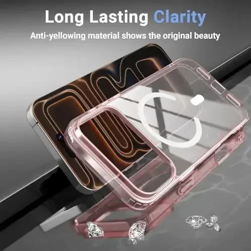 iPhone 17 Pro Max uchun Temdan g'ilofi, ekran himoyachisi bilan shaffof, Magsafe bilan mos, sarg'ayishga qarshi, harbiy darajadagi himoya, zarbga chidamli ingichka magnit telefon g'ilof qopqog'i, pushti - 7