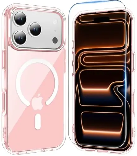 iPhone 17 Pro Max uchun Temdan g'ilofi, ekran himoyachisi bilan shaffof, Magsafe bilan mos, sarg'ayishga qarshi, harbiy darajadagi himoya, zarbga chidamli ingichka magnit telefon g'ilof qopqog'i, pushti 