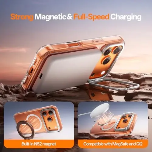 iPhone 17 Pro Max uchun Tigowos 3-in-1 g'ilof, ramkali stend bilan [1 ta ekran himoyachisi va 1 ta kamera linzasi himoyachisi][Sarg'aymaydi][Harbiy darajadagi himoya][MagSafe bilan mos][Zarbalarga chidamli va magnitli] Shaffof - 5