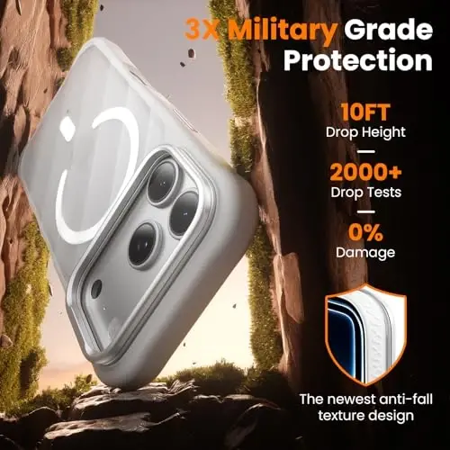 iPhone 17 Pro uchun 3-in-1 g‘ilof, kamera stendi bilan [1 ta ekran himoyachisi va 1 ta kamera linza himoyachisi] [MagSafe mos] [Zarbaga chidamli va magnitli] [Yarim shaffof mat] 17 Pro uchun zamonaviy telefon g‘ilofi (Kumush rang) - 4
