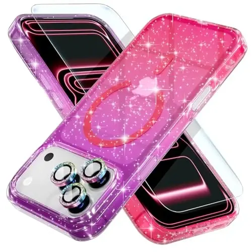 iPhone 17 Pro uchun Choiche Magnetic g'ilof MagSafe bilan mos keladi, olmos kamerali linza himoyachilariga ega ayollar uchun yoqimli yaltiroq yaltiroq telefon g'ilofi, harbiy darajadagi tushishdan himoya 6,3