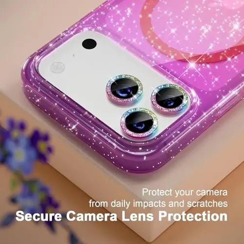 iPhone 17 Pro uchun Choiche Magnetic g'ilof MagSafe bilan mos keladi, olmos kamerali linza himoyachilariga ega ayollar uchun yoqimli yaltiroq yaltiroq telefon g'ilofi, harbiy darajadagi tushishdan himoya 6,3