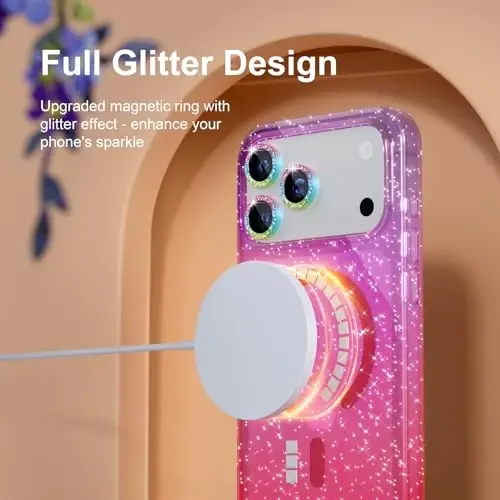 iPhone 17 Pro uchun Choiche Magnetic g'ilof MagSafe bilan mos keladi, olmos kamerali linza himoyachilariga ega ayollar uchun yoqimli yaltiroq yaltiroq telefon g'ilofi, harbiy darajadagi tushishdan himoya 6,3