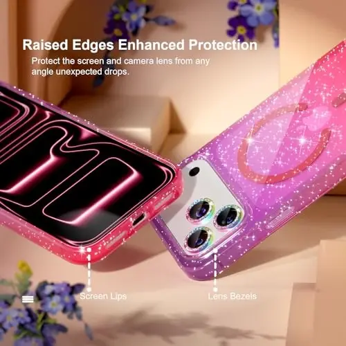 iPhone 17 Pro uchun Choiche Magnetic g'ilof MagSafe bilan mos keladi, olmos kamerali linza himoyachilariga ega ayollar uchun yoqimli yaltiroq yaltiroq telefon g'ilofi, harbiy darajadagi tushishdan himoya 6,3
