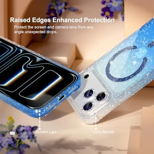 iPhone 17 Pro uchun Choiche Magnetic g‘ilofi MagSafe bilan mos keladi, ayollar uchun yaltiroq va jilvador, olmosli kamera linzalari himoyachisiga ega, harbiy darajadagi tushishdan himoya 6.3