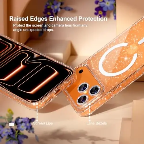 iPhone 17 Pro uchun Choiche Magnetic g'ilofi MagSafe bilan mos keladi, olmos kamera linzalari himoyachilari bilan ayollar uchun yoqimli yaltiroq va porloq telefon g'ilofi, harbiy darajadagi tushishdan himoya 6.3