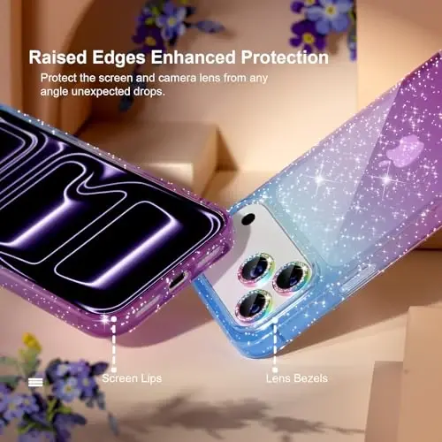 iPhone 17 Pro uchun Choiche mos keladigan g‘ilof, ayollar uchun chiroyli tiniq yaltiroq chaqnoq g‘ilof, [3 x olmos kamera linzalari himoyachilari] [2 x закалённое shisha ekran himoyachilari] 6,3 dyuym (yaltiroq ko‘k/binafsha) - 4