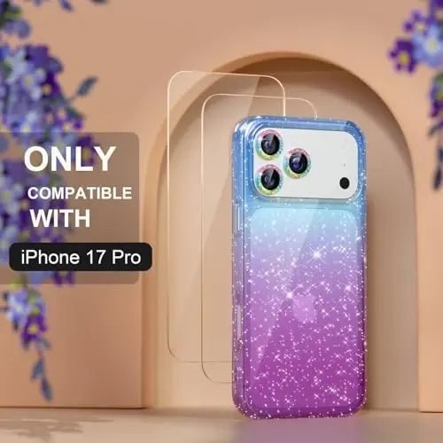 iPhone 17 Pro uchun Choiche mos keladigan g‘ilof, ayollar uchun chiroyli tiniq yaltiroq chaqnoq g‘ilof, [3 x olmos kamera linzalari himoyachilari] [2 x закалённое shisha ekran himoyachilari] 6,3 dyuym (yaltiroq ko‘k/binafsha) - CHOICHE (1)