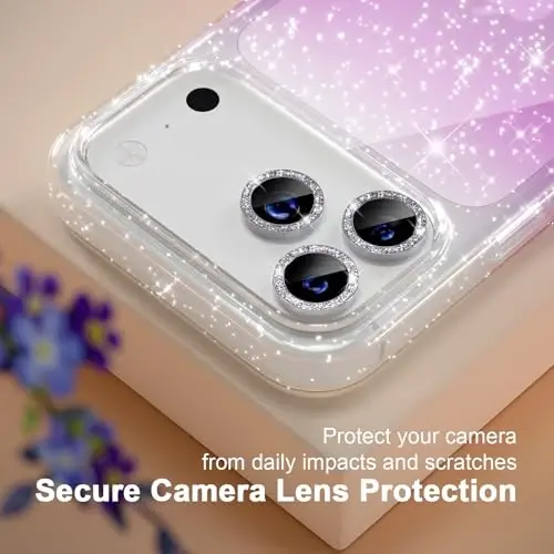 iPhone 17 Pro uchun Choiche mos keladigan g'ilof, ayollar uchun chiroyli tiniq yaltiroq g'ilof, [3 x Olmos kamera linzalari himoyachilari] [2 x закаленное şisha ekran himoyachilari] 6,3 dyuym (Yaltiroq tiniq/binafsha) - 3